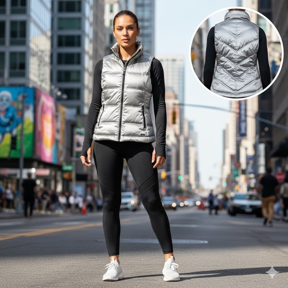 ATHLETA Quilted Puffer Vest Silver Metallic Zip Front Down Fill Women Size S